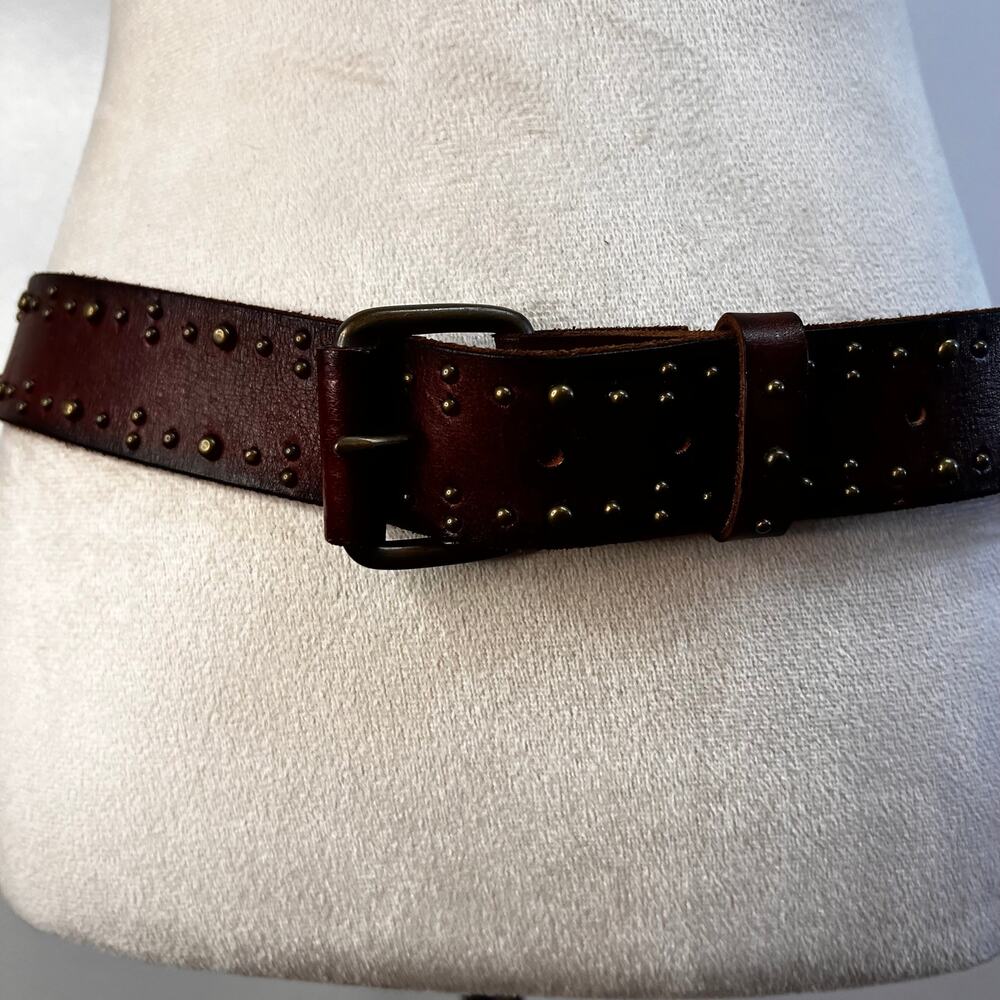 American Eagle Brown Leather Studded Belt M Brass Tone Western Boho 33–37”